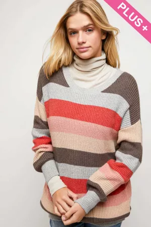 wholesale clothing plus multi stripe round neck long sleeve sweater davi & dani