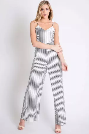 wholesale clothing stripe print spaghetti strap wide leg jumpsuit davi & dani