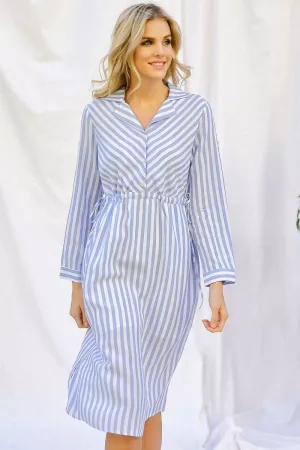wholesale clothing stripe print long sleeve midi shirt dress davi & dani