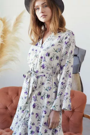 wholesale clothing floral print v neck long sleeve mini dress davi & dani