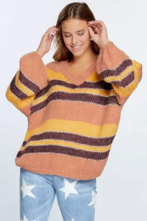 wholesale clothing v-neck cozy thick knit stripe pullover sweater davi & dani