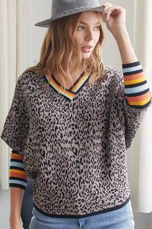 wholesale clothing striped bend leopard print v neck sweater davi & dani