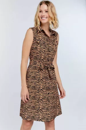 wholesale clothing animal print sleeveless button down short dress with pockets and tie davi & dani