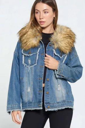 wholesale clothing faux fur distressed oversized denim jacket davi & dani