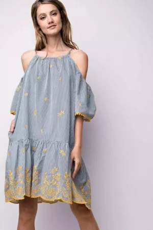 wholesale clothing boho embroidery accent drop waist stripe dress davi & dani