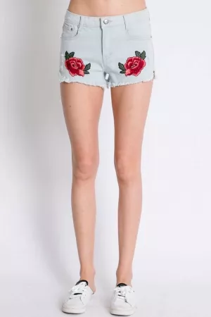 wholesale clothing floral embroidery accent distressed denim shorts davi & dani