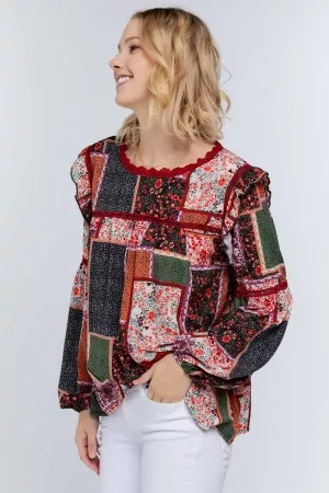 wholesale clothing multi floral ruffle long sleeve blouse top davi & dani