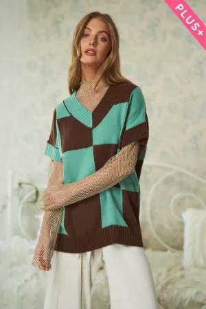 wholesale clothing plus checkered pattern v neck sweater davi & dani