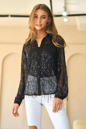 wholesale clothing sequin fringe detail button down sequin shirt blouse top davi & dani