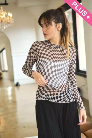 wholesale clothing plus checker board printed mesh long sleeve top davi & dani