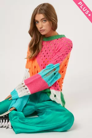 wholesale clothing plus color block open knit sweater davi & dani