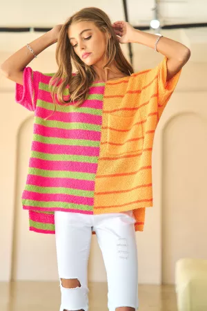 wholesale clothing striped multi color short sleeves sweater top davi & dani