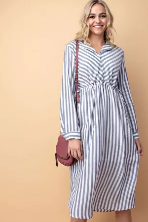 wholesale clothing stripe print long sleeve midi shirt dress davi & dani