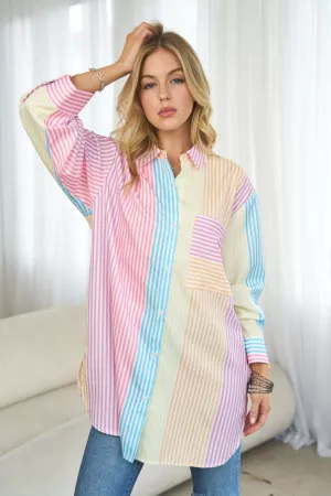 wholesale clothing multi stripe button down boyfriend shirt top davi & dani