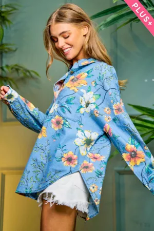 wholesale clothing plus floral chambray denim button front shirt top davi & dani