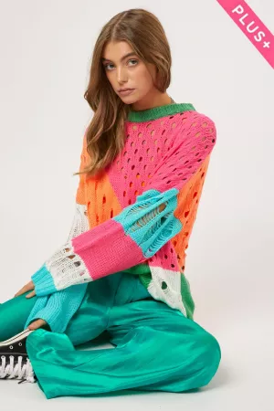 wholesale clothing plus color block open knit pullover sweater top davi & dani