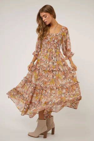 wholesale clothing smcking bodice ruffle floral chiffon midi dress davi & dani