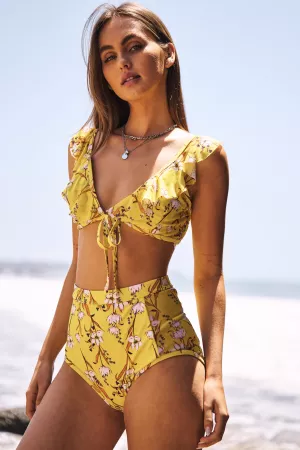 wholesale clothing yellow floral printed tie front two piece bikini davi & dani