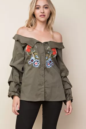 wholesale clothing floral collared button down off-shoulder blouse davi & dani