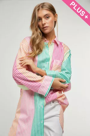 wholesale clothing plus multi stripe button down boyfriend shirt top davi & dani