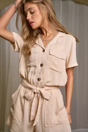wholesale clothing collared flap pocket with tie waist solid romper davi & dani