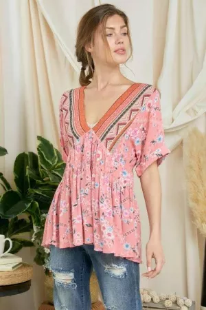 wholesale clothing floral printed v neck short sleeve loose fit top davi & dani