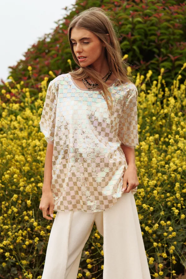 wholesale clothing sequin checkerboard straight short sleeve top davi & dani
