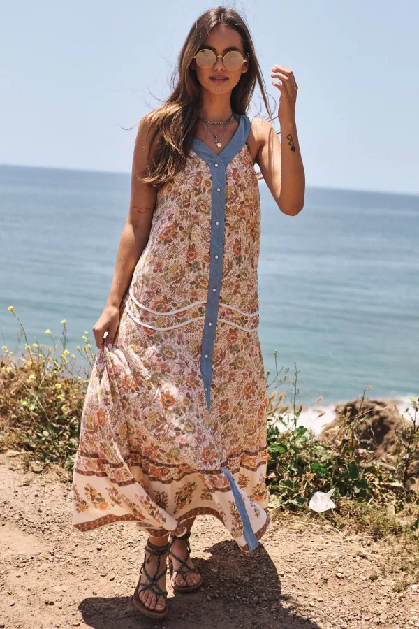 Floral Border Printed V Neck Sleeveless Maxi Dress - Davi & Dani