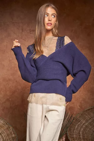 wholesale clothing lace strap batwing sleeve drop shoulder sweater davi & dani