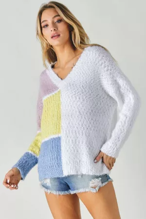 wholesale clothing half color block v neck long sleeve sweater top davi & dani