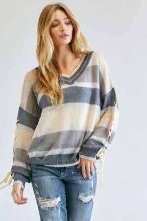 wholesale clothing multi color block v neck long sleeve knit sweater davi & dani