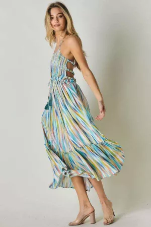 wholesale clothing multi stripe sleeveless smocked ruffle maxi dress davi & dani