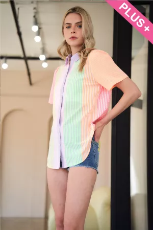 wholesale clothing plus neon stripe color block short sleeve shirt davi & dani