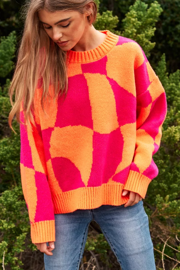 wholesale clothing multi geo checker pullover knit sweater top davi & dani