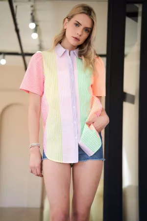 wholesale clothing neon multi stripe color block short sleeve shirt davi & dani