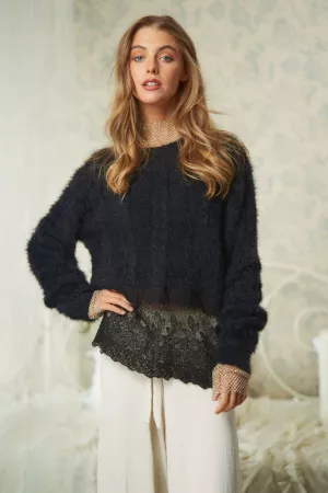 wholesale clothing fringe round neck long sleeve crop knit sweater davi & dani