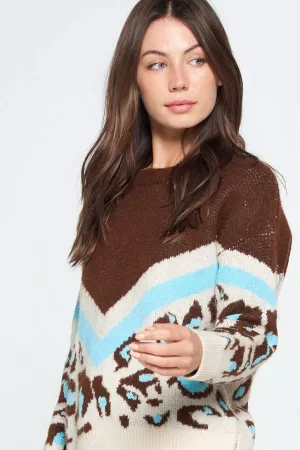 wholesale clothing leopard color block long sleeve knit sweater top davi & dani
