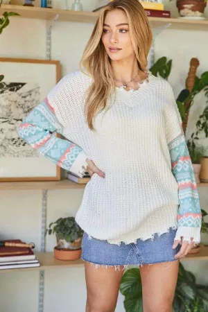 wholesale clothing pattern on sleeve distressed detail knit sweater davi & dani