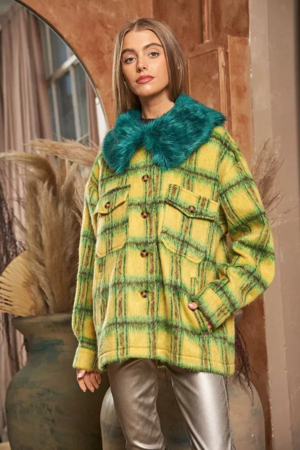 wholesale clothing fuzzy multi plaid fur collar separately jacket davi & dani