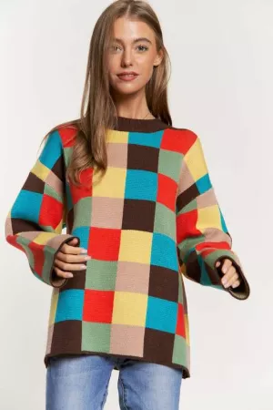 wholesale clothing multi color blocked checker pullover sweater top davi & dani