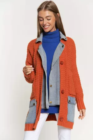 wholesale clothing denim collar pocket detail chunky knit cardigan davi & dani