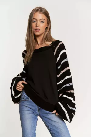 wholesale clothing multi striped sweater balloon sleeve knit shirt davi & dani