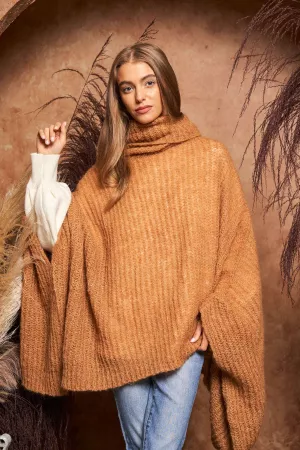 wholesale clothing funnel neck fuzzy knit textured sweater poncho davi & dani