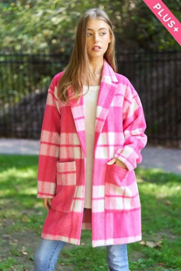 Plus Fuzy Checker Plaid Pockets Open Coat Jacket Davi & Dani