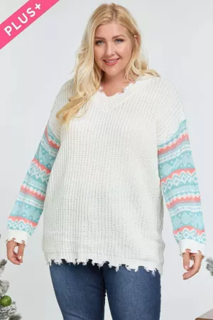 wholesale clothing plus pattern on sleeve distressed knit sweater davi & dani