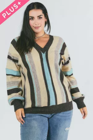 wholesale clothing plus striped v neck long sleeve sweater davi & dani