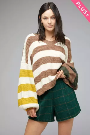 wholesale clothing plus multi stripe balloon sleeve loose fit sweater davi & dani