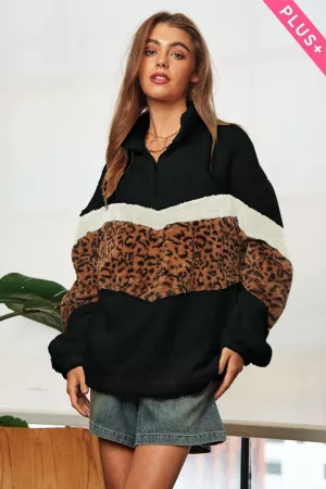 wholesale clothing plus faux fur animal color black zip neck knit top davi & dani