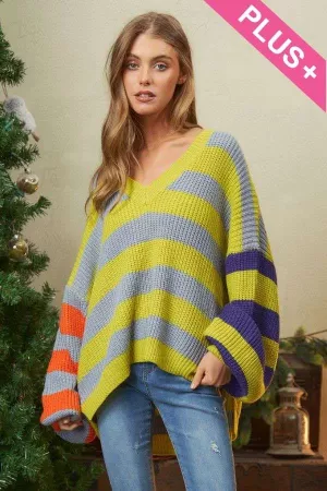 wholesale clothing plus multi stripe balloon sleeve loose fit sweater davi & dani