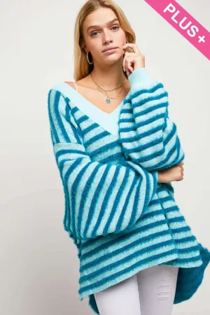 wholesale clothing plus fuzzy stripe v neck sweater top davi & dani
